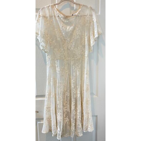 Unique Vintage 1940s Ivory Cotton Lace Boho Flutter Sleeve Keyhole Back Sz XL - Picture 2 of 7